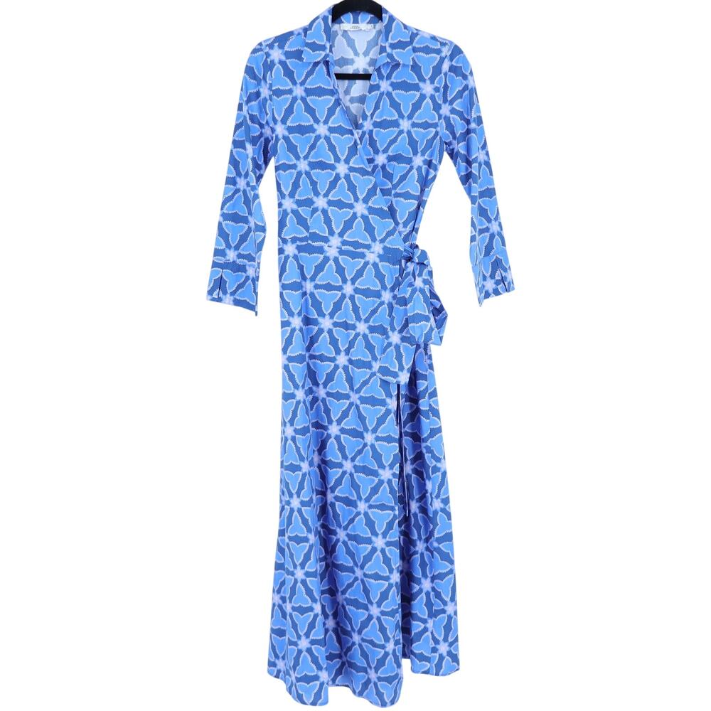 0039 ITALY Havanna Printed Wrap Midi Dress Blue 3/4 Sleeves Women's XS